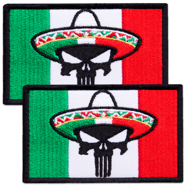 2-Pcs Dead Skull on Mexico Flag Embroidered Patch with Hook & Loop Fastener