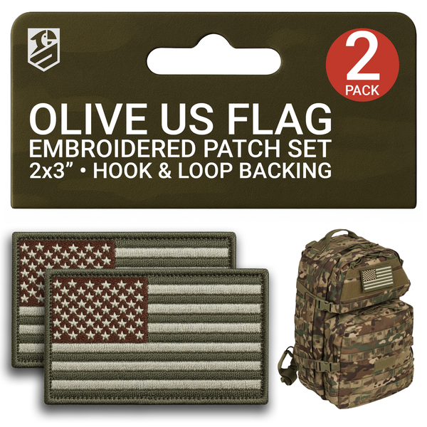 2-Pcs Subdued American Flag Patch Set – Olive Drab Embroidered Tactical Patches with Hook Backing for Vest, Jacket, Backpack, or Dog Harness (2x3 Inches)