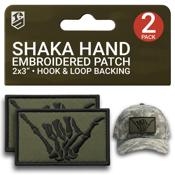Shaka Hand Patch Set – 2Pcs Olive Green Embroidered Skeleton Tactical Patches (2x3 Inches)