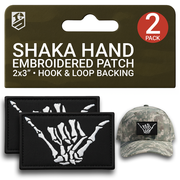 Shaka Hand Patch Set – 2Pcs Black Embroidered Skeleton Tactical Patches (2x3 Inches)