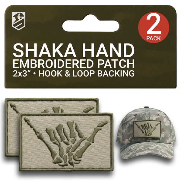 Subdued Shaka Hand Patch Set – 2Pcs Gray Embroidered Skeleton Tactical Patches (2x3 Inches)