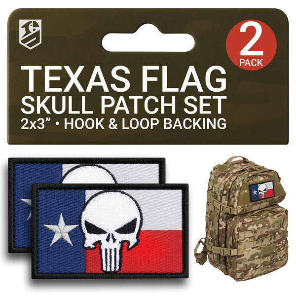 Texas Flag Skull Patch Set – 2Pcs Embroidered Tactical Patches (2x3 Inches)