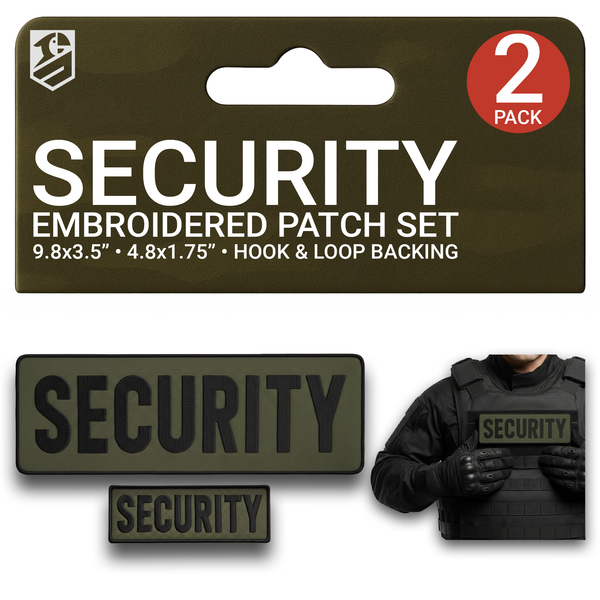 Security Patch Set – 2Pcs Olive Embroidered Hook-and-Loop Tactical Patches 3.5x9.8 & 1.8x4.9 In