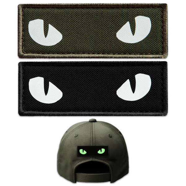 2Pcs Glow-in-the-Dark Cat Eye Patch Set, 2.8x1 Inches (7x2.5 cm) Embroidered Tactical Morale Patches with Hook Backing for Backpack, Vest, Helmet, Dog Harness, Black & Green
