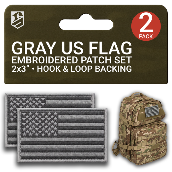 2-Pcs Subdued American Flag Patch Set, 2x3 Inches (5x8 cm) Embroidered Tactical Patches with Hook Backing for Vest, Backpack, Jacket, Dog Harness — Gray