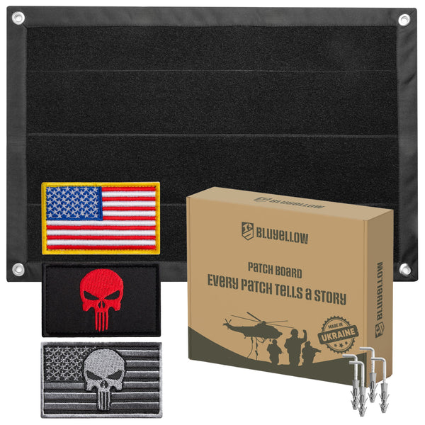 Velcro Patch Board 15.7x23.6", Incl. American Flag, Gray & Red Skull Patches, Black