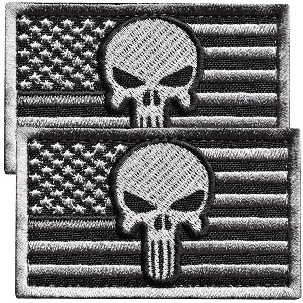 2-Pcs Gray American Flag Patch, Skull Patch Set Embroidered Patch Hook & Loop