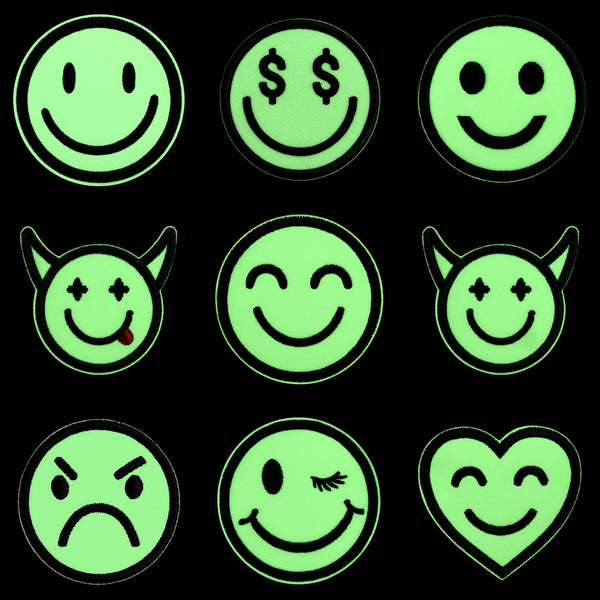 9 Pcs Glow in the Dark Smiley Patch Set Embroidered Tactical Hook-and-Loop Badges Funny Emoji Morale Patches Military Style, Backpack, Dog Harness, Airsoft