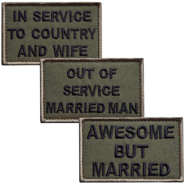 3-Pcs OD Funny Patches with Velcro, Service and Marital Status Embroidered Patches