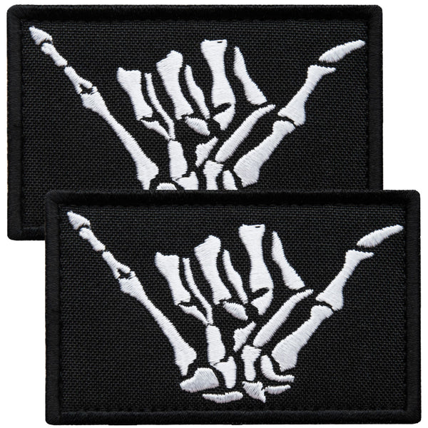 2-Pcs Black Shaka Hand Patch, Embroidered Skeleton Hand Shaka Tactical Patches for Military Backpack, Tactical Vest, Military Helmet, Dog Vest Harness, Hook and Loop Aloha, Surf Patch, 2x3"