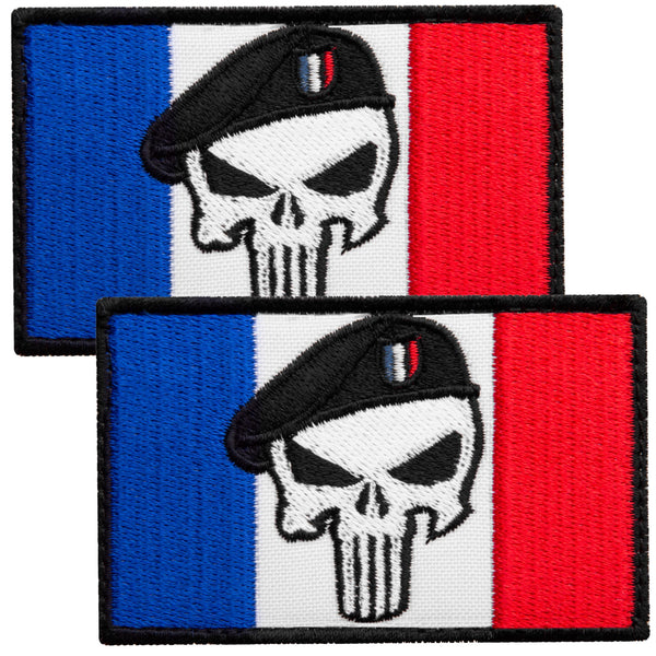 2-Pcs Dead Skull on the French Flag Embroidered Patch with Hook & Loop Fastener