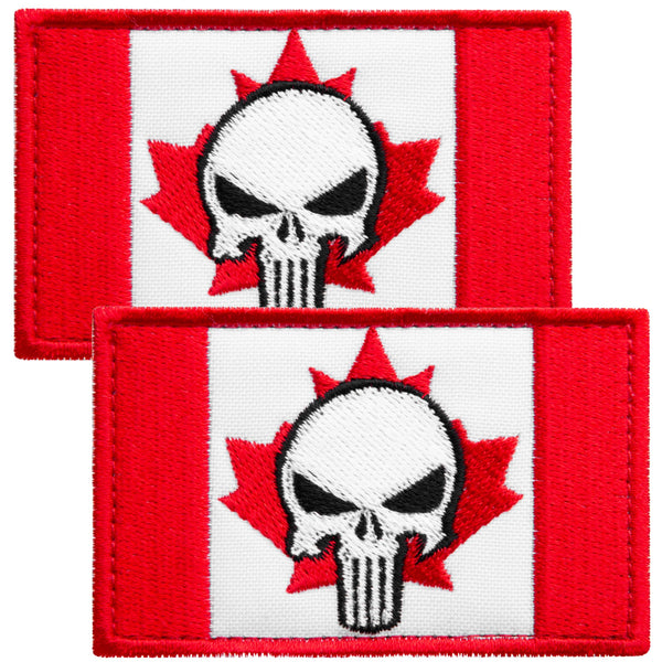 2-Pcs Dead Skull on Canadian Flag Embroidered Patch with Hook & Loop Fastener