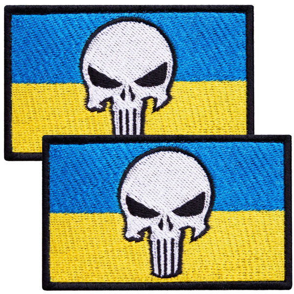 2-Pcs Dead Skull on Ukrainian Flag Embroidered Patch with Hook & Loop Fastener