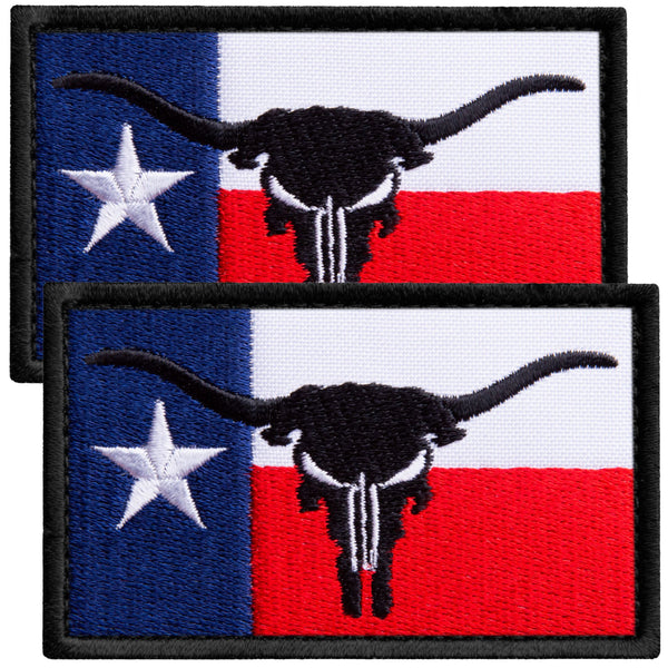 2-Pcs Texas Flag with Bull Horns Embroidered Patch Hook & Loop Set