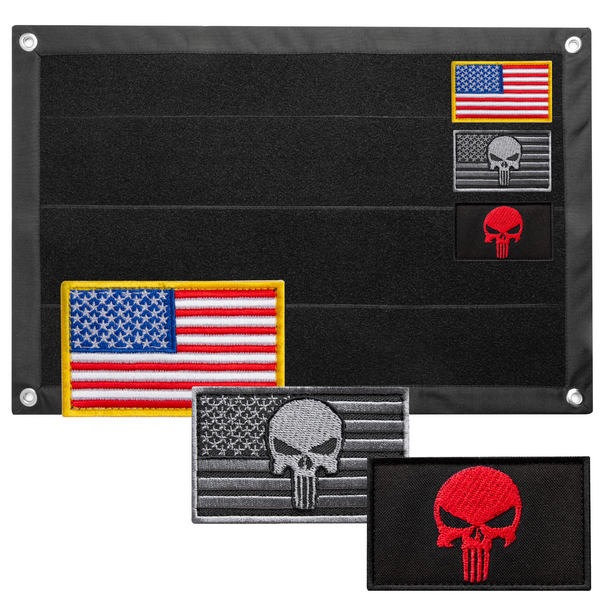 Velcro Patch Board 15.7x23.6", Incl. American Flag, Gray & Red Skull Patches, Black