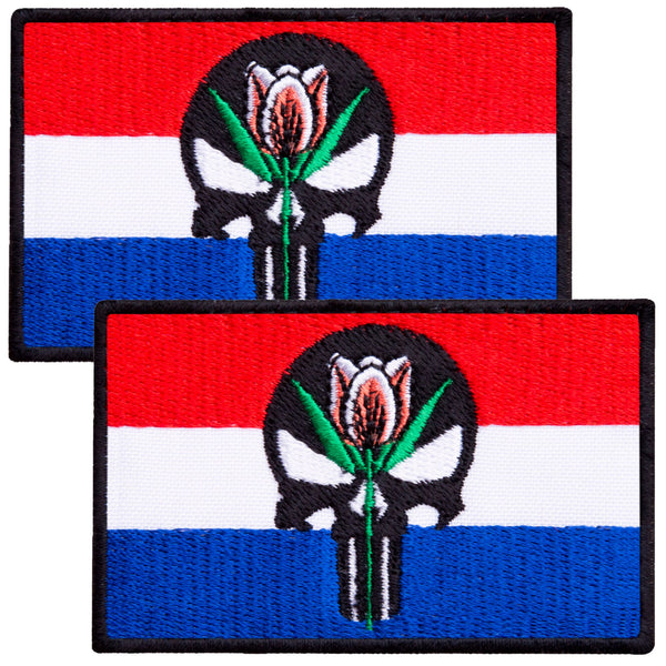 2-Pcs Dead Skull on Dutch Flag Embroidered Patch with Hook & Loop Fastener