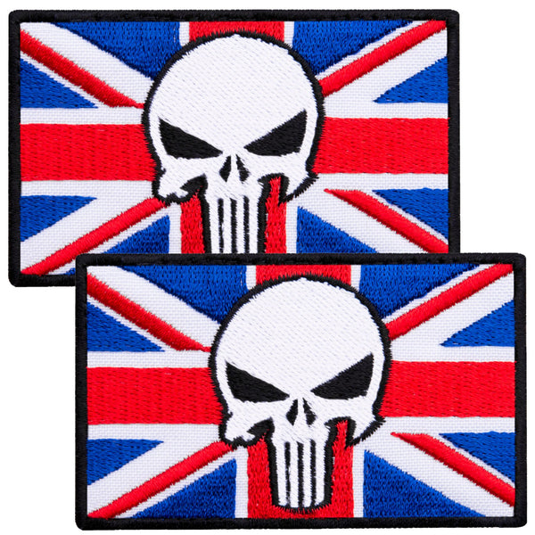 2-Pcs Great Britain Flag, United Kingdom Flag, British Flag and Dead Skull Embroidered Patch Hook & Loop Set